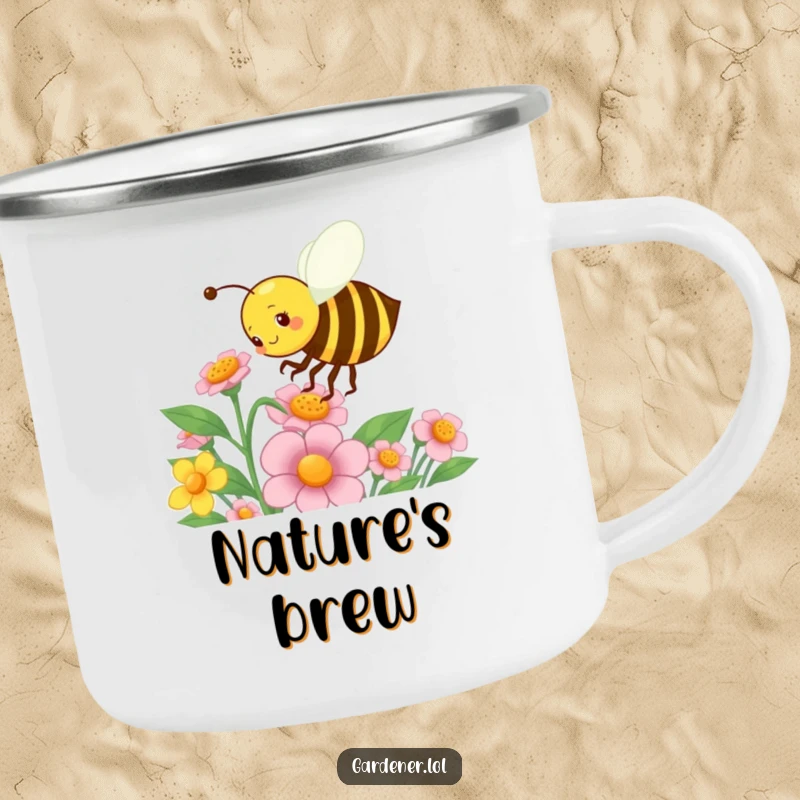Funny camping mug featuring a busy bee character energetically pollinating a flower, durable and humorous for all your outdoor drinks.