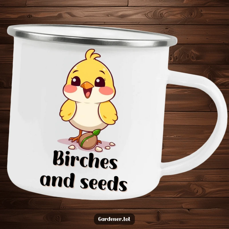 Funny bird planter camping mug with a delighted character planting a seed with its beak, perfect for outdoor use.