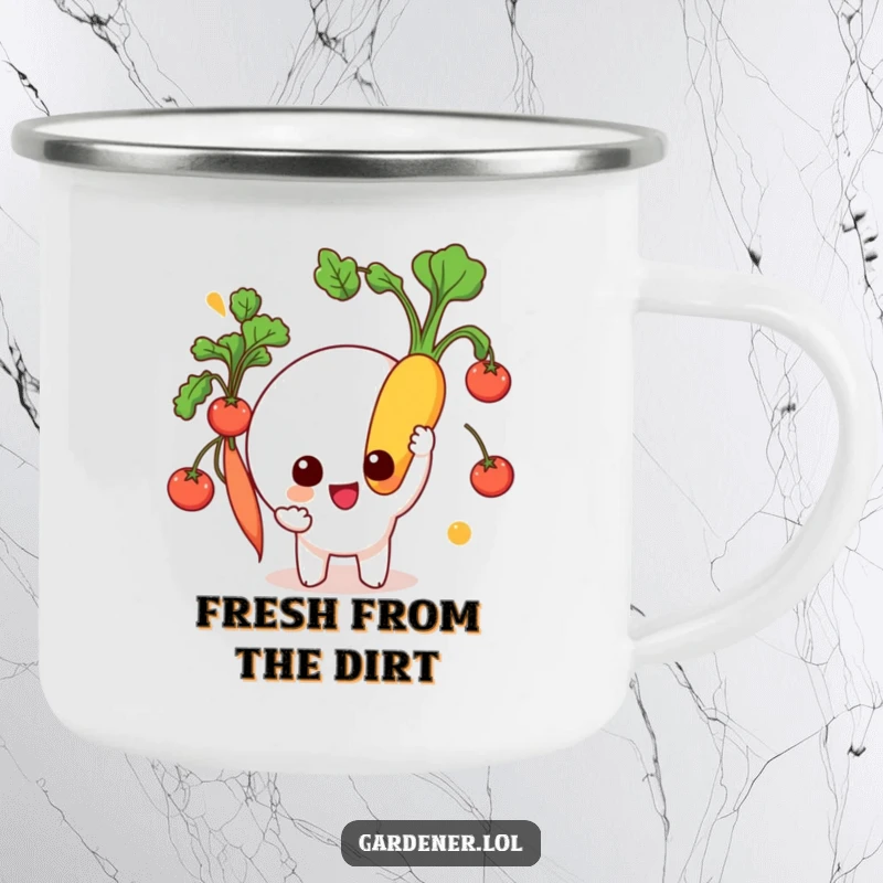 Funny Camping Mug: A character joyfully holds a vibrant, freshly picked vegetable, ideal for enjoying drinks around the campfire.