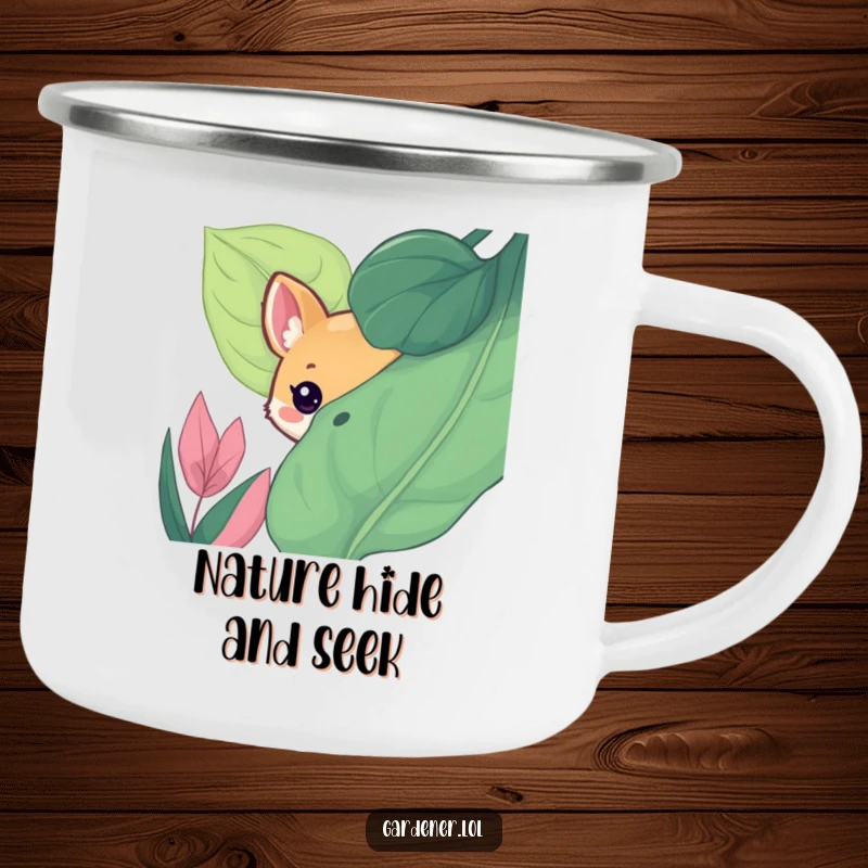 Funny enamel camping mug featuring a cute animal character playfully peeking from behind a large, lush leaf, a humorous outdoor accessory.