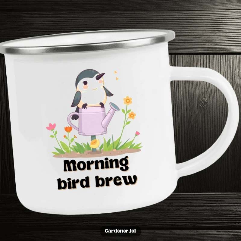 Funny Chickadee Gardener Camping Mug: A happy chickadee chirps on a watering can, perfect for enjoying beverages outdoors with a song.