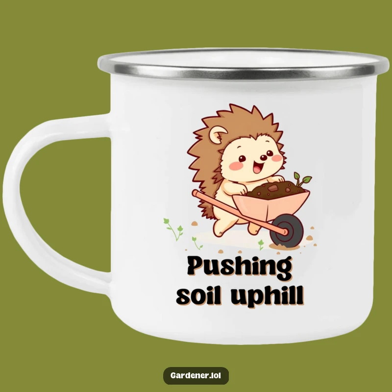 Funny Chubby Hedgehog Wheelbarrow Camping Mug - Outdoor Hilarious Gardener Gear