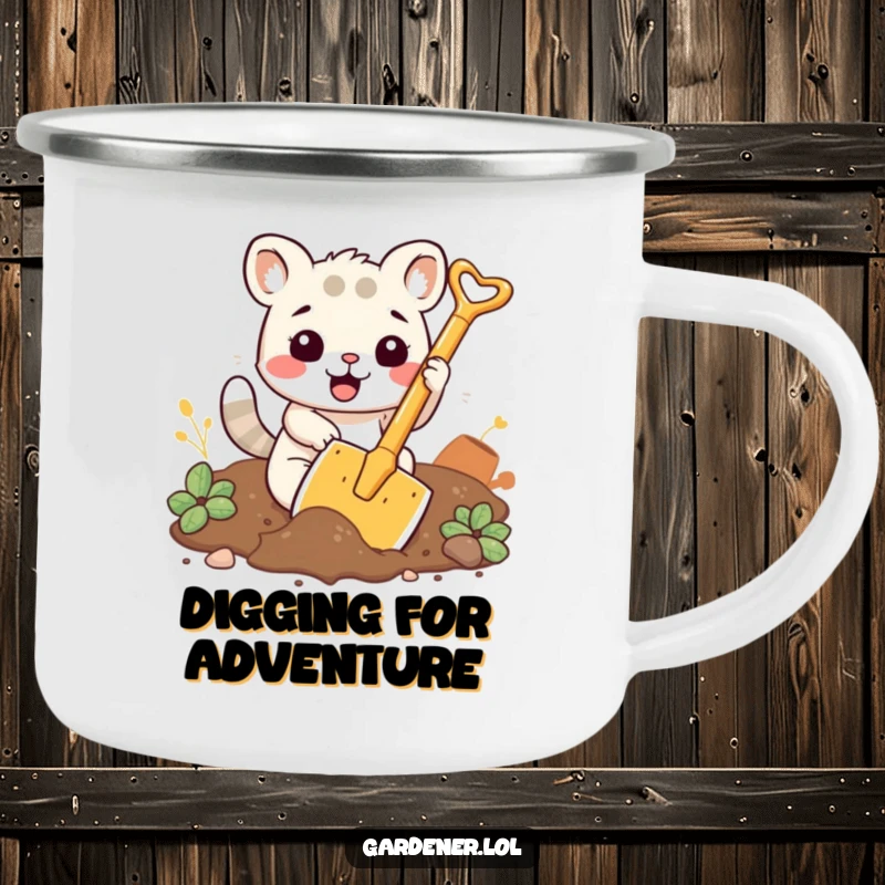 Funny camping mug featuring a kawaii animal character enthusiastically digging soil with a comically large shovel.