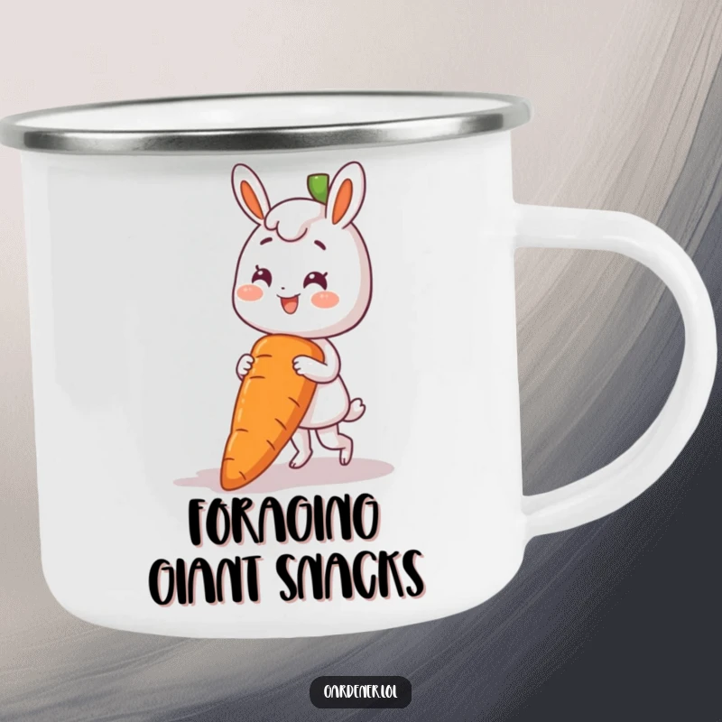 Funny camping mug with a happy character pulling a comically large carrot from the ground, harvest celebration.