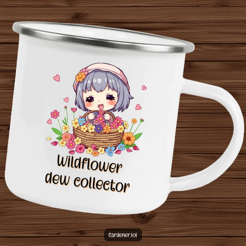 Funny camping mug with a character excitedly collecting colorful flower petals in a basket, for outdoor adventures.