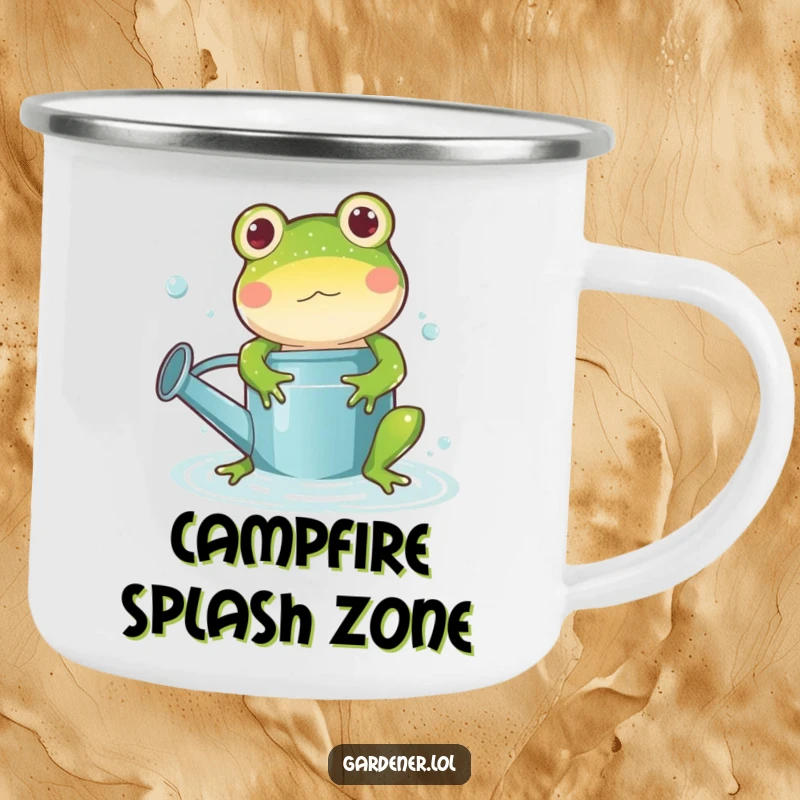 Funny frog watering can camping mug, a playful cartoon frog character splashing in a watering can, ready for an outdoor adventure.