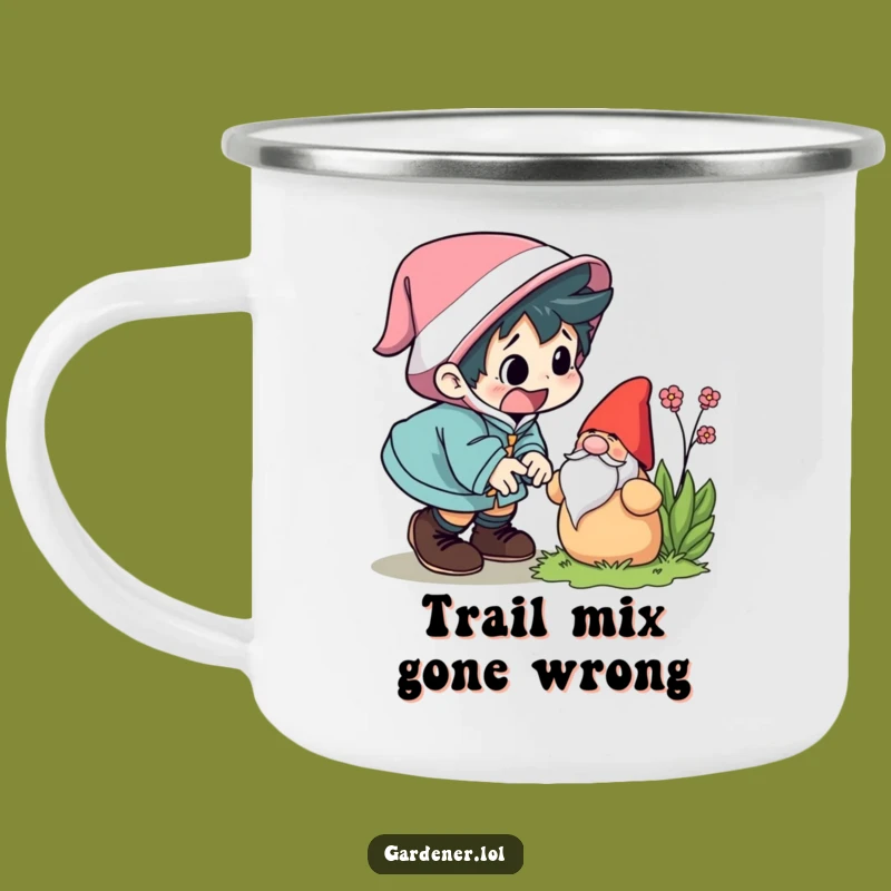 Funny Garden Gnome Trip Camping Mug - Comical Outdoor Startled Drinkware