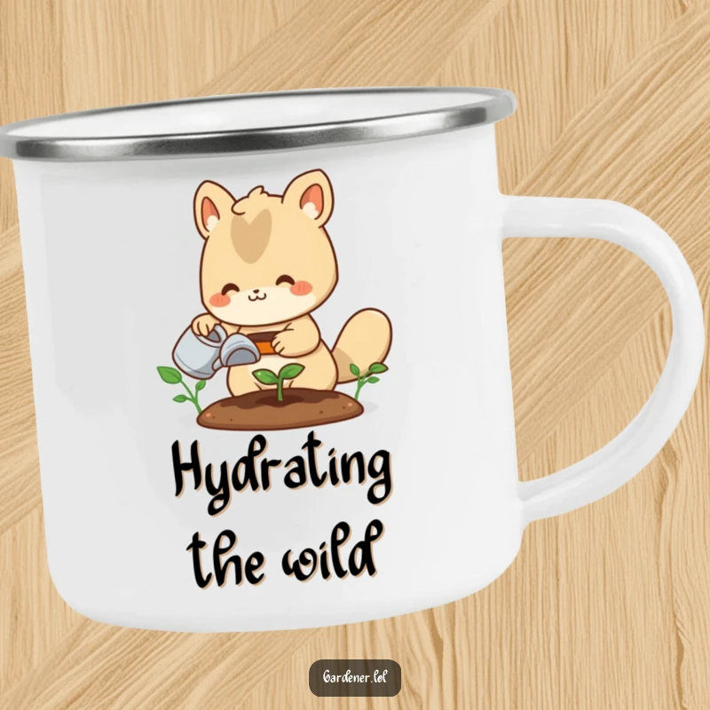 Funny camping mug: A cute animal gardener happily waters a small sprout, perfect for outdoor use and enjoying warm beverages.