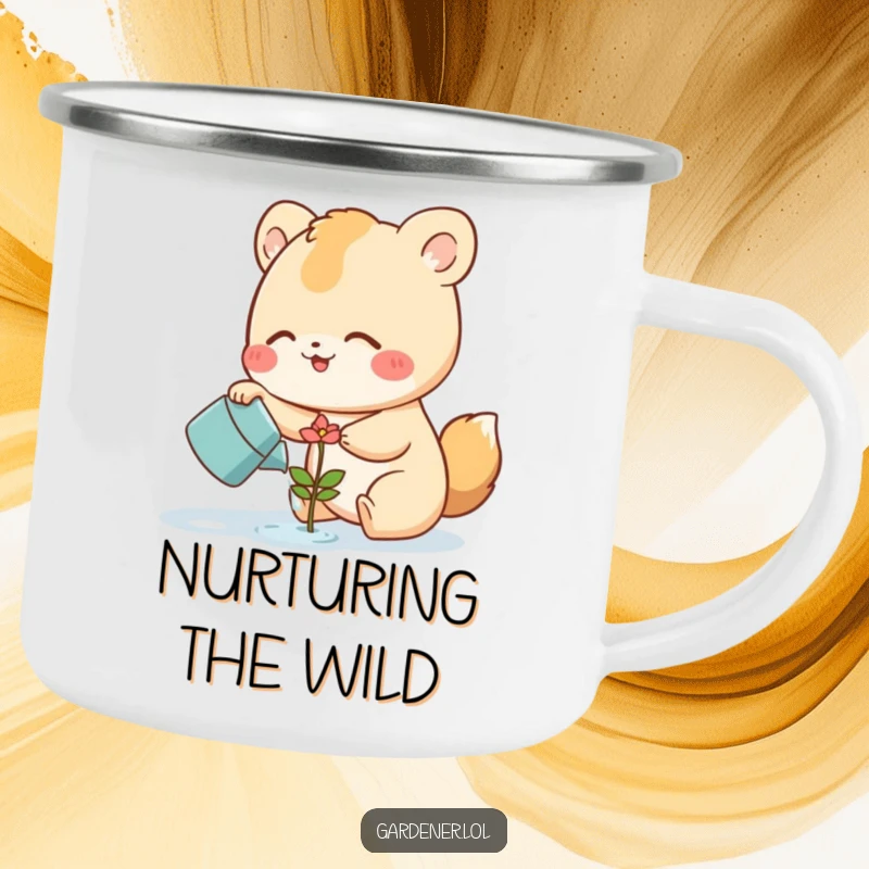Funny Camping Mug featuring a cute animal character joyfully watering a smiling flower sprout, ideal for enjoying drinks outdoors while embracing nature.