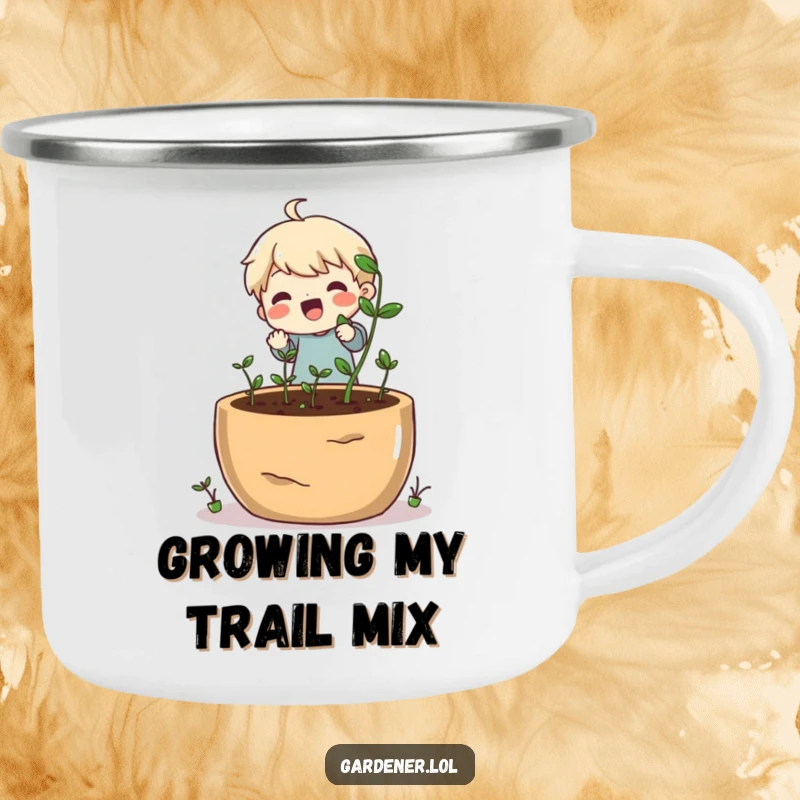 Funny camping mug with a cheerful character planting tiny seeds into a huge pot, nature's bounty.