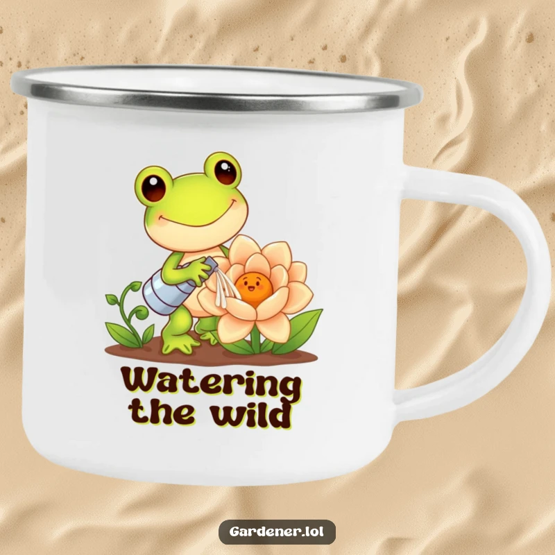 Funny Kawaii Frog Camping Mug: Frog gardener watering a giant smiling flower, a humorous and durable gift for outdoor enthusiasts who love cute designs.