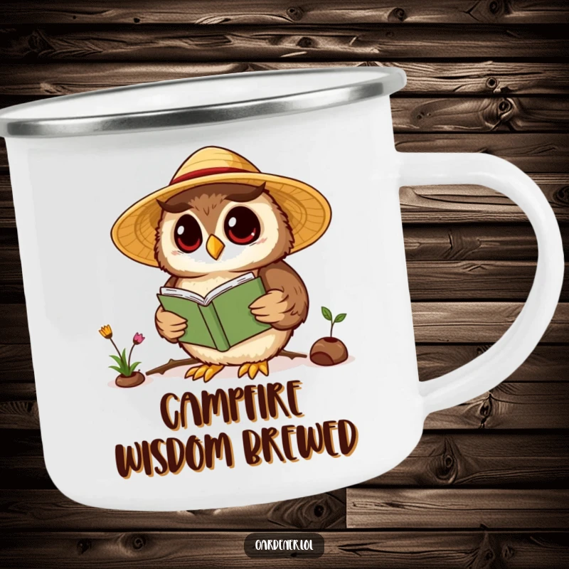 Funny Kawaii owl gardener camping mug, showing a wise owl in a straw hat reading a gardening book, perfect for outdoor wisdom.