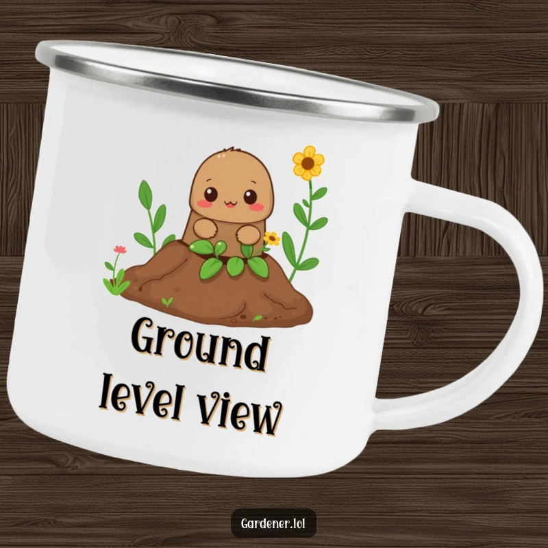 Funny Mole Gardener Camping Mug: A curious mole pops out of a hole, perfect for enjoying beverages outdoors with a playful twist.