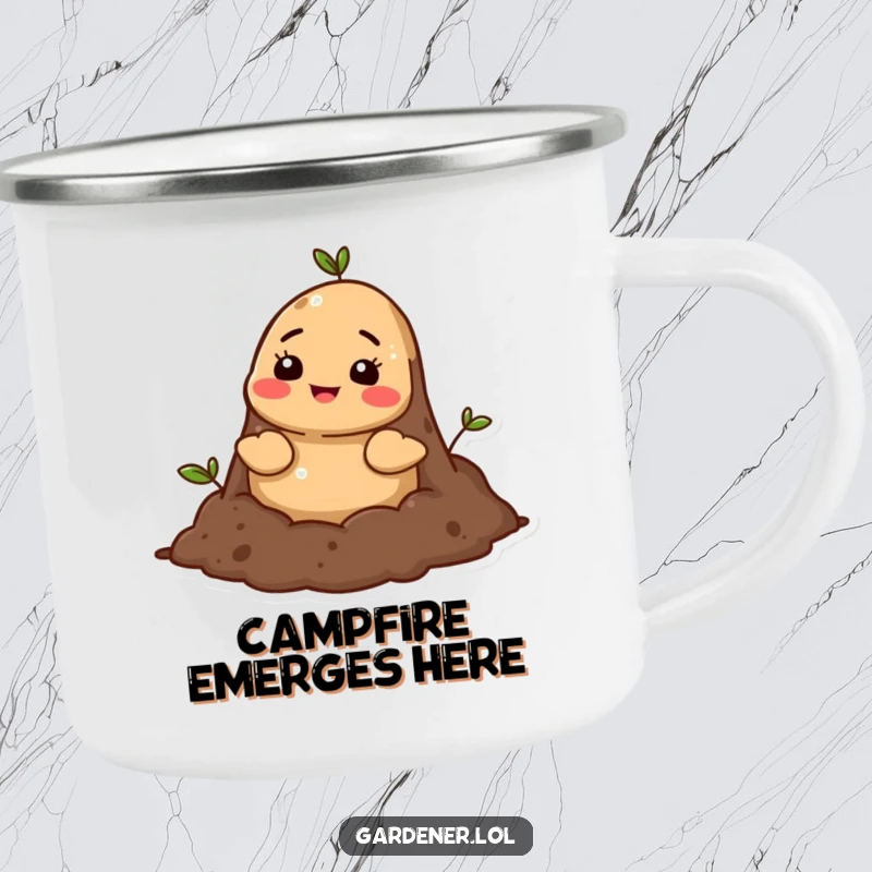 Funny mole soil camping mug, a cheerful cartoon mole character popping its head out of rich soil, ready for an outdoor adventure.