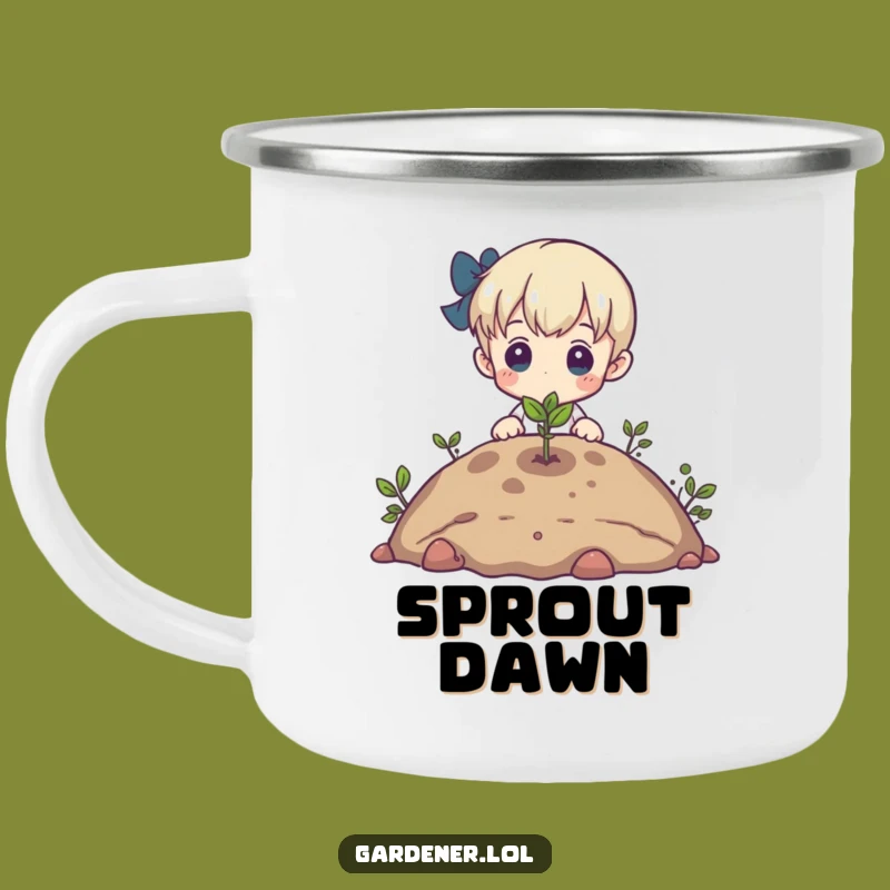 Funny Outdoor Mug: Admiring Sprout Character, Campfire Hopeful Gift