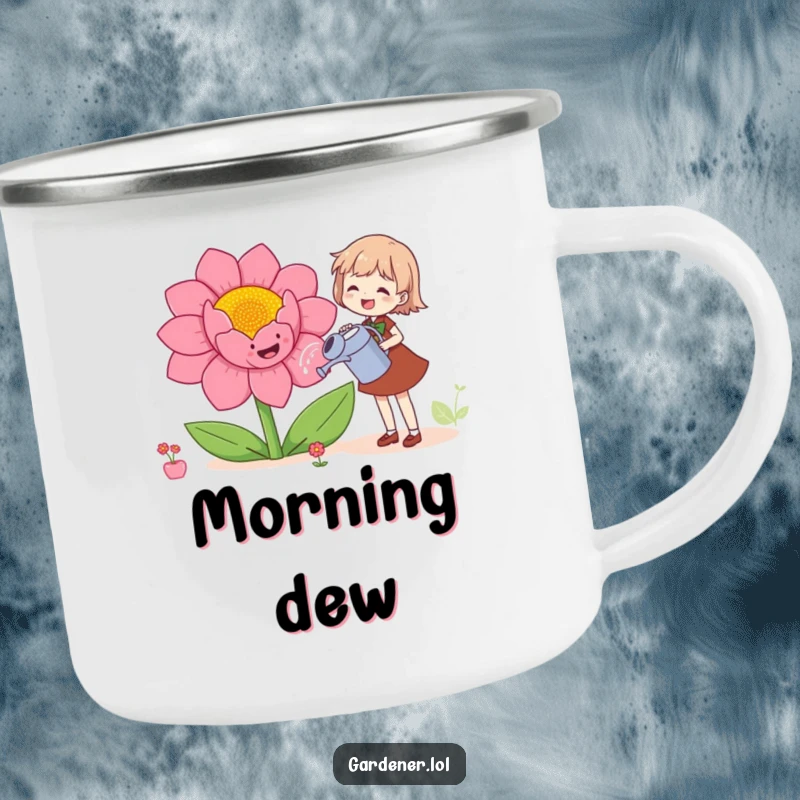 Funny camping mug with a character joyfully watering a giant, smiling flower, perfect for outdoor fun and laughter.