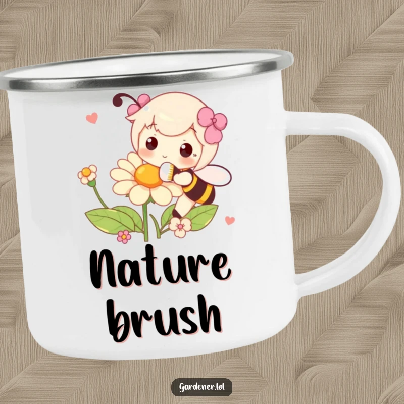 Funny camping mug with a character playfully pollinating a flower with a fluffy brush, perfect for outdoor enjoyment.