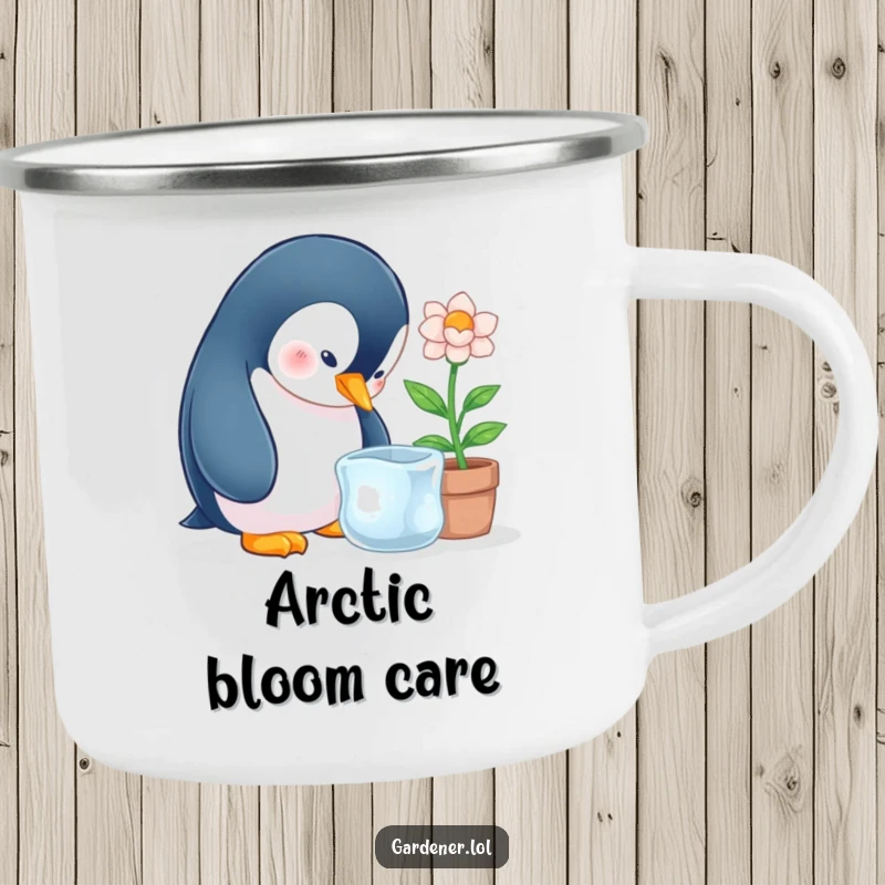 Funny penguin tending an ice flower in a pot, featured on a rugged camping mug.