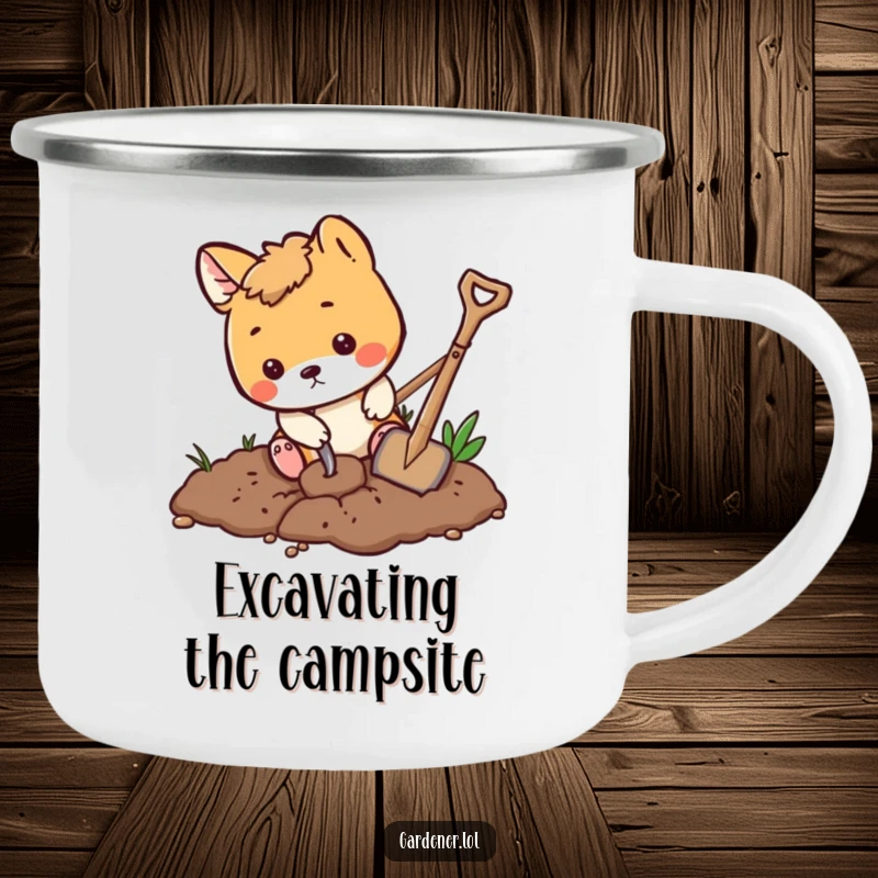Funny playful animal digging in dirt with a tiny shovel, enamel camping mug, outdoor gardening design.