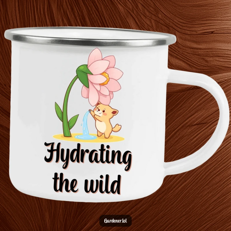 Funny camping mug featuring a cute animal character joyfully watering a giant, dancing flower, for outdoor use.