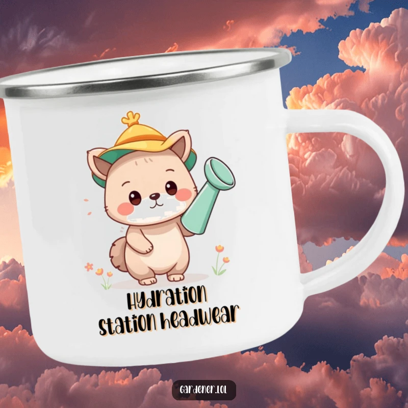 Funny camping mug with a cute animal character humorously wearing a watering can as a hat, built for adventure and laughs.