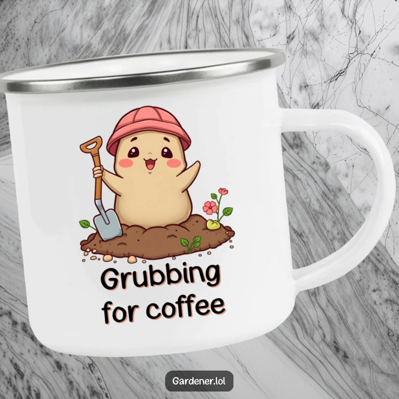 Funny Kawaii mole gardener camping mug, a delighted character popping out of soil with a trowel, sturdy and humorous.