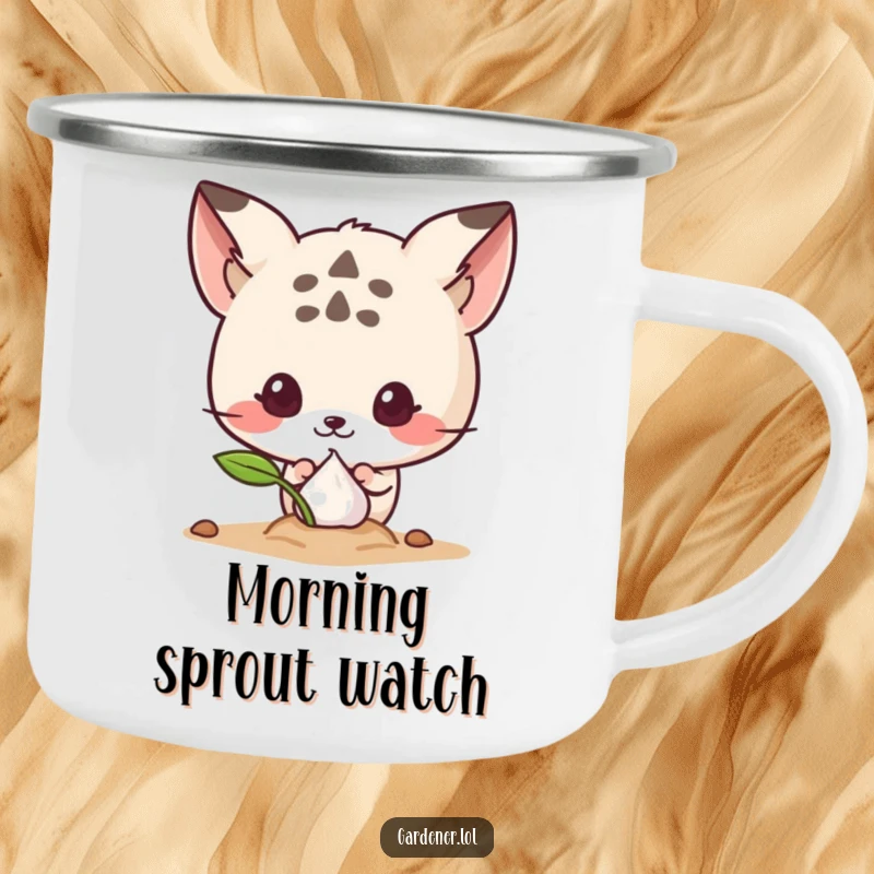 Funny camping mug featuring a cute animal character curiously peeking at a sprouting seed, perfect for outdoor enthusiasts.
