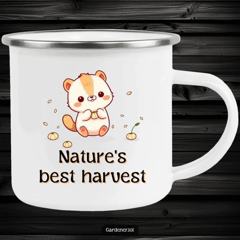 Funny Camping Mug: Cute animal character playfully interacting with floating seeds, ideal for cheerful outdoor experiences.