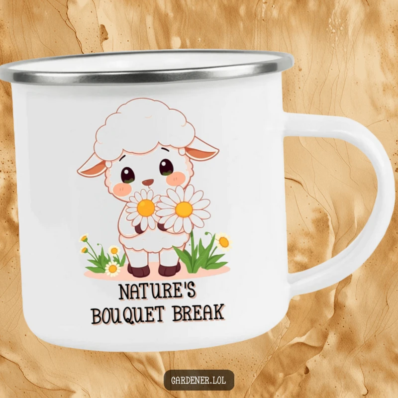 Funny Kawaii sheep gardener camping mug, a cheerful sheep smelling a large daisy, sturdy and humorous.