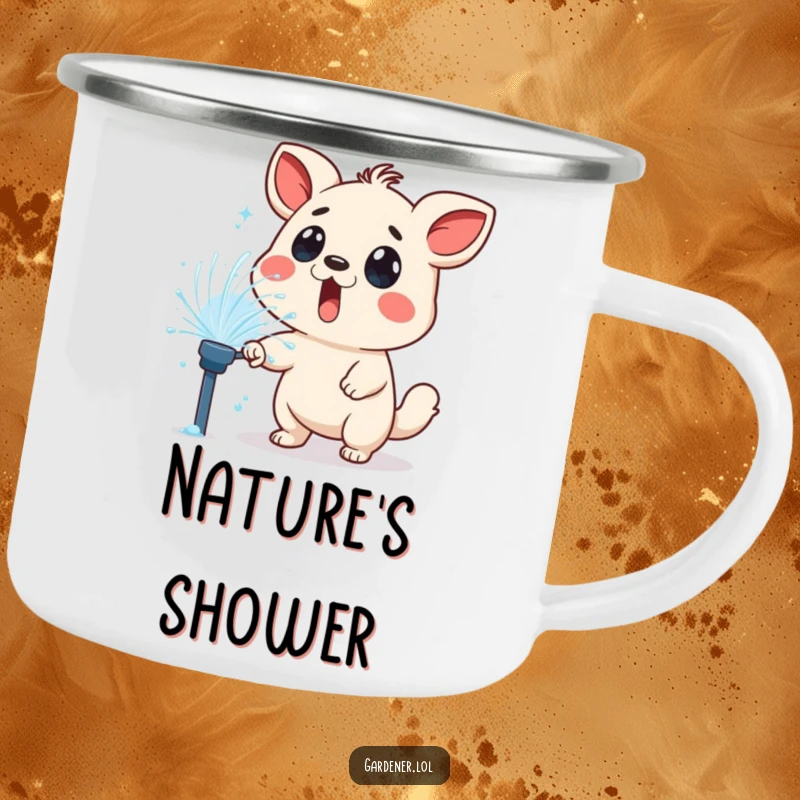 Funny camping mug showing a surprised animal character playfully sprayed by a lawn sprinkler, perfect for outdoor adventures with humor.
