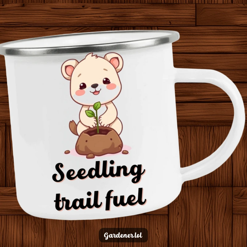Funny animal character camping mug planting a smiling seed, ideal for outdoor adventures and gifting.