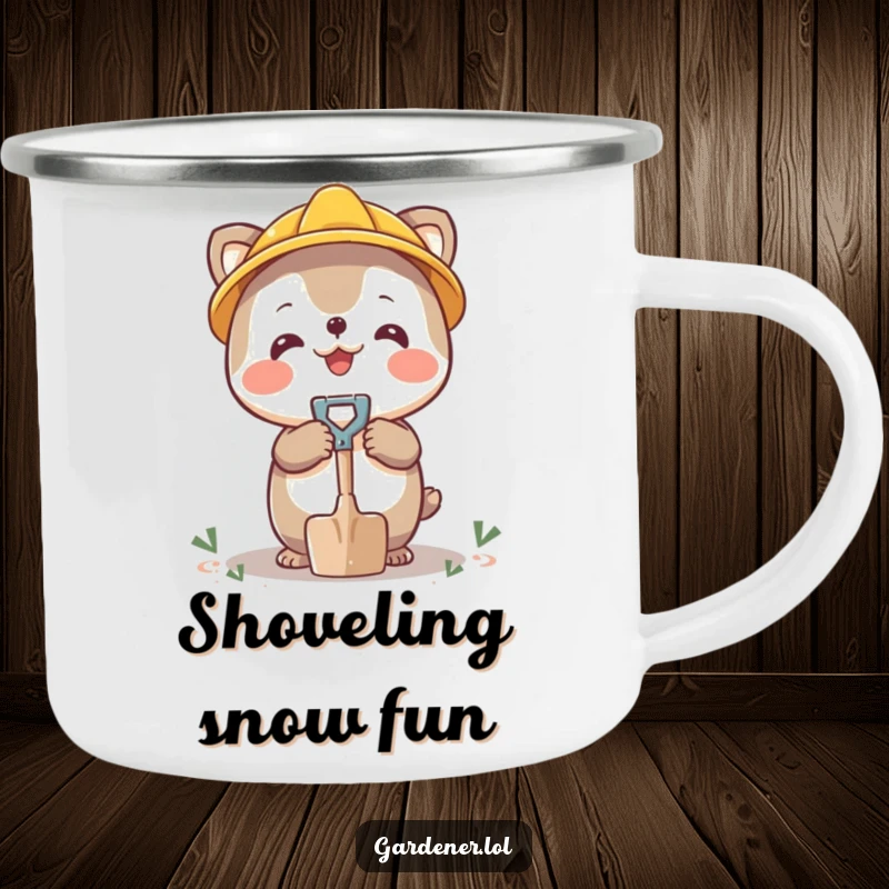 Funny camping mug with a happy character balancing a small shovel on its nose, outdoor balancing act.