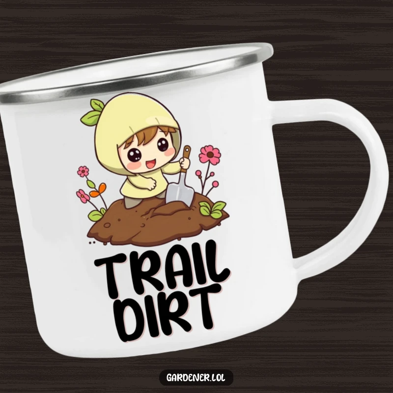 Funny camping mug with a character excitedly digging in the soil with a small shovel, perfect for outdoor fun.