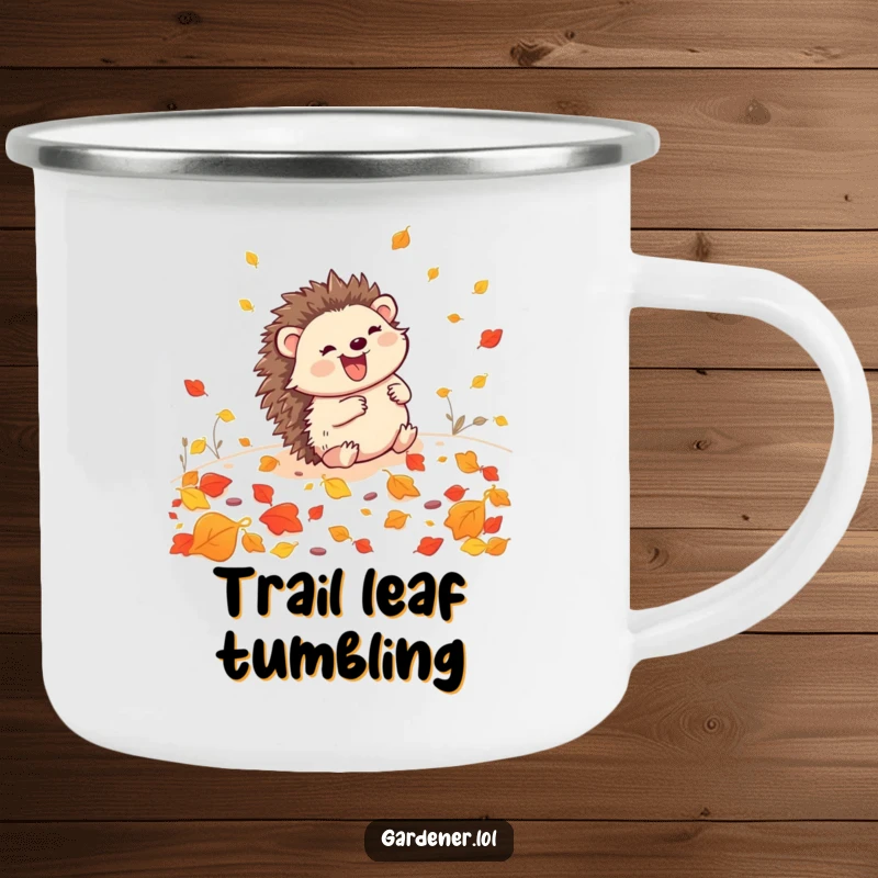 Funny Hedgehog Gardener Camping Mug: A happy hedgehog rolls through leaves, perfect for enjoying beverages outdoors with a smile.
