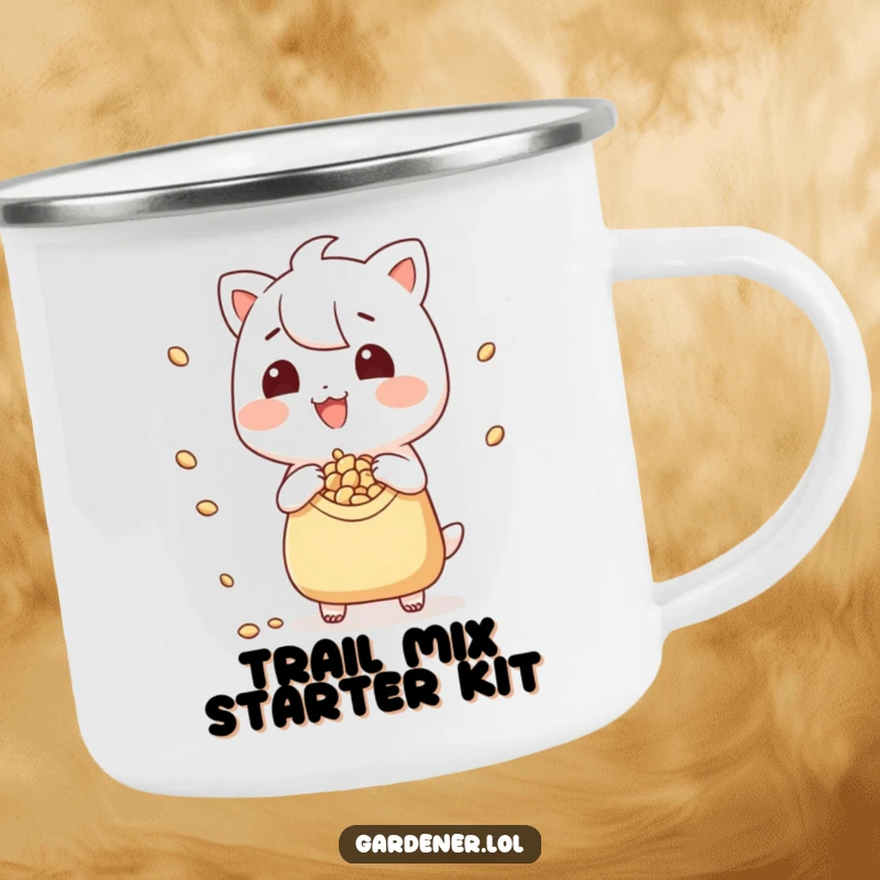 Funny enamel camping mug with a grinning character scattering seeds, ideal for outdoor enthusiasts and humor lovers.