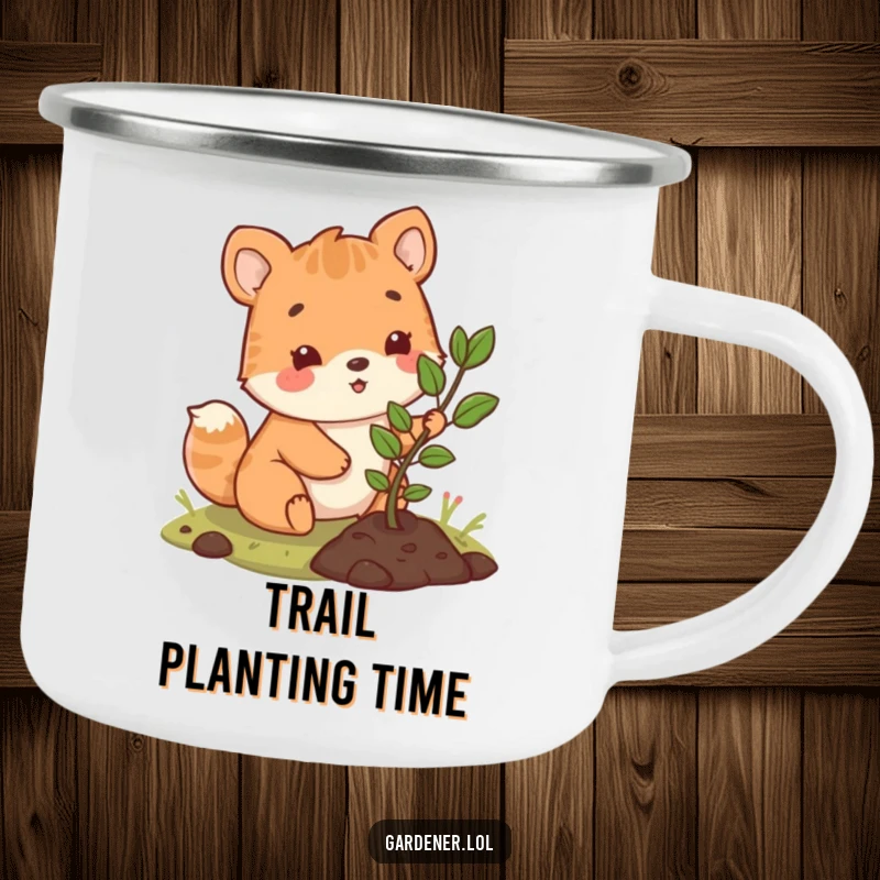 Funny camping mug featuring a cute animal character happily planting a small sapling, perfect for outdoor enthusiasts and gardeners.