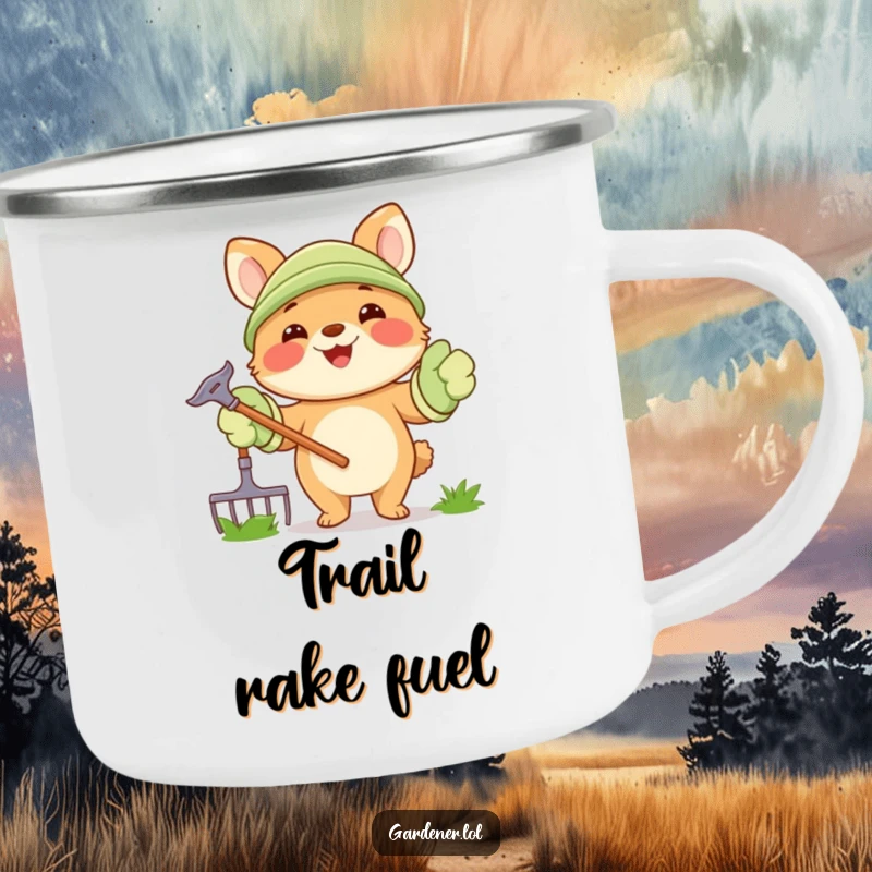 Funny Camping Mug: A joyful animal character holds a rake, wearing oversized gardening gloves, ideal for outdoor garden enthusiasts.