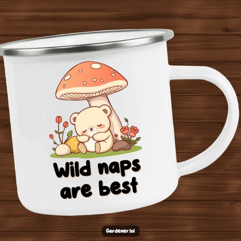 Funny Kawaii bear gardener camping mug, a sleepy bear napping under a mushroom, functional and humorous for outdoors.