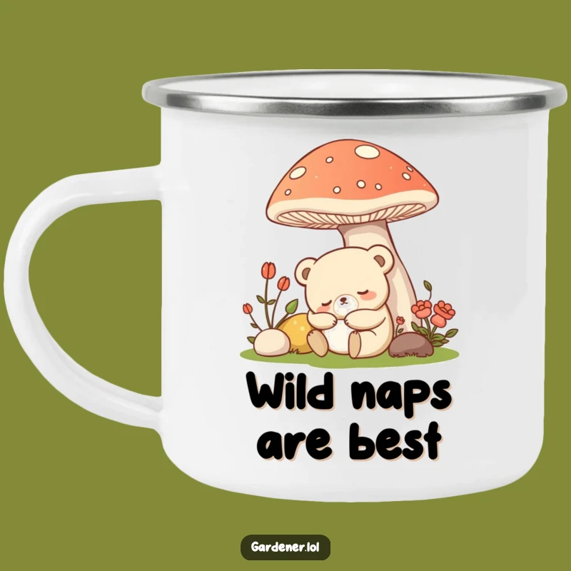 Funny Kawaii Bear Gardener Camping Mug, Sleepy Mushroom Sipper, Outdoor Comfort Gift