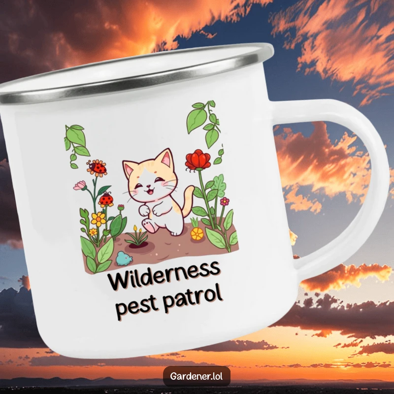 Funny Kawaii cat gardener camping mug, showing a playful cat chasing a ladybug among plants, perfect for outdoor humor.