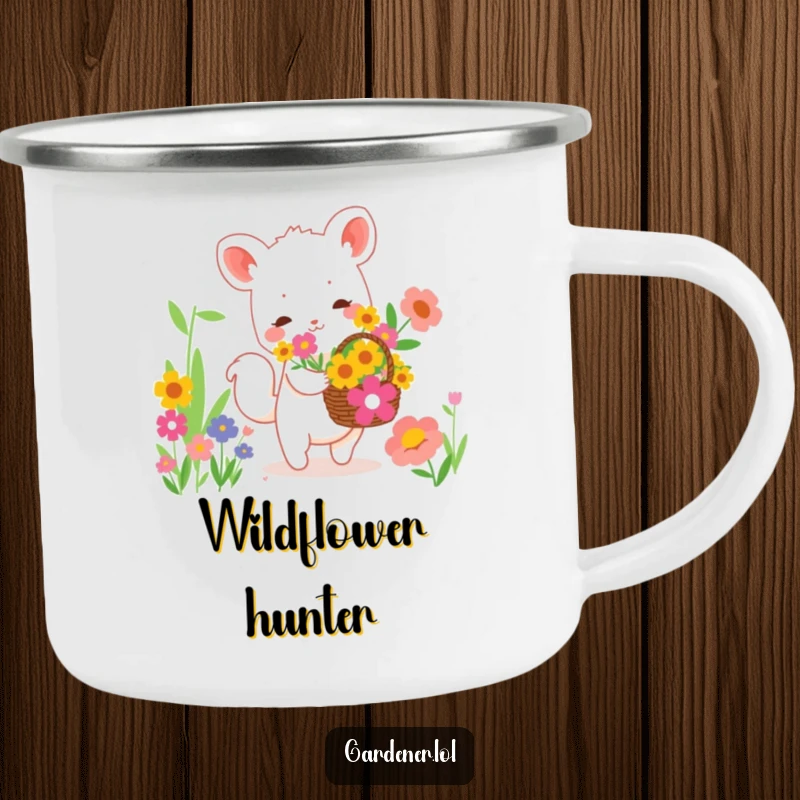 Funny enamel camping mug featuring a cute animal character happily collecting vibrant flowers in a basket, a humorous outdoor accessory.