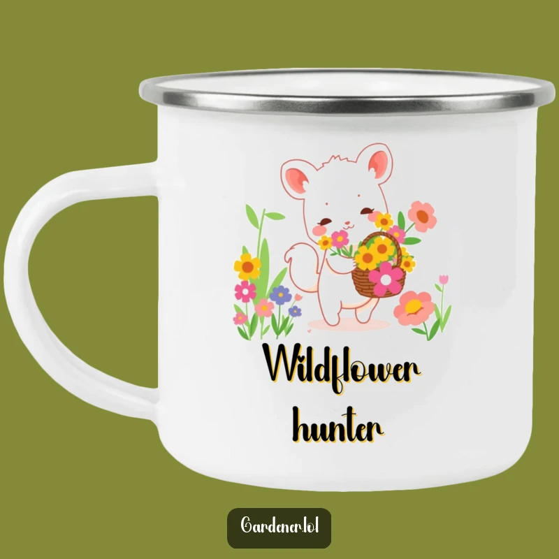 Funny Camping Mug: Animal Gathers Flowers, Cute Enamel Mug Gag Gift