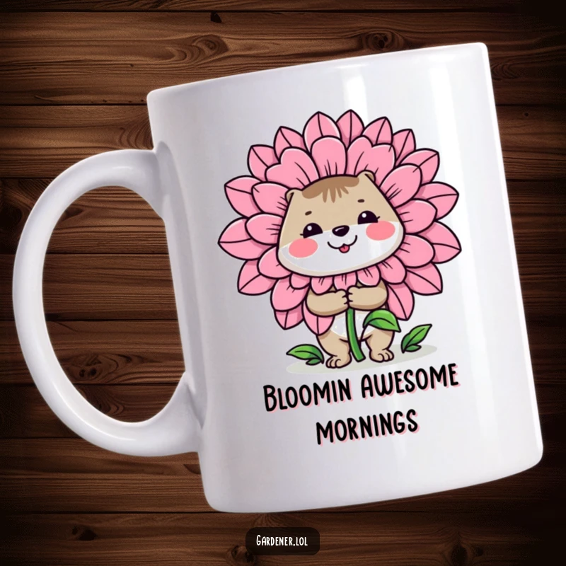 Funny mug: A cheerful animal gardener beams with pride while presenting a ridiculously large and vibrant flower.