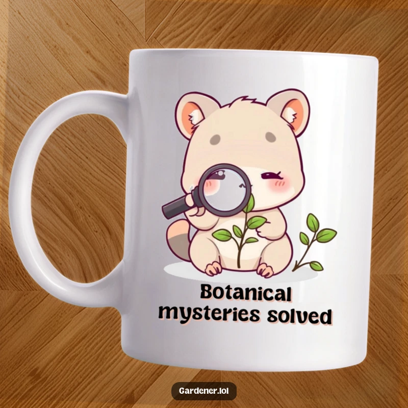 Funny mug with a cute animal character intently examining a plant with a magnifying glass, showcasing curiosity and a love for nature.