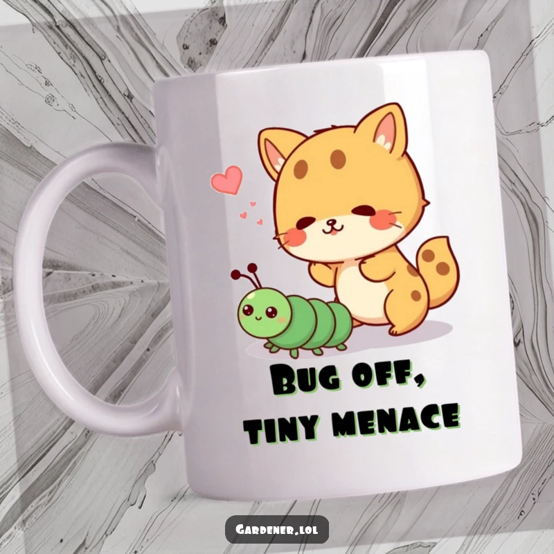 Funny mug with a cute animal character playfully shooing away a cartoon caterpillar, showcasing a humorous garden defense.