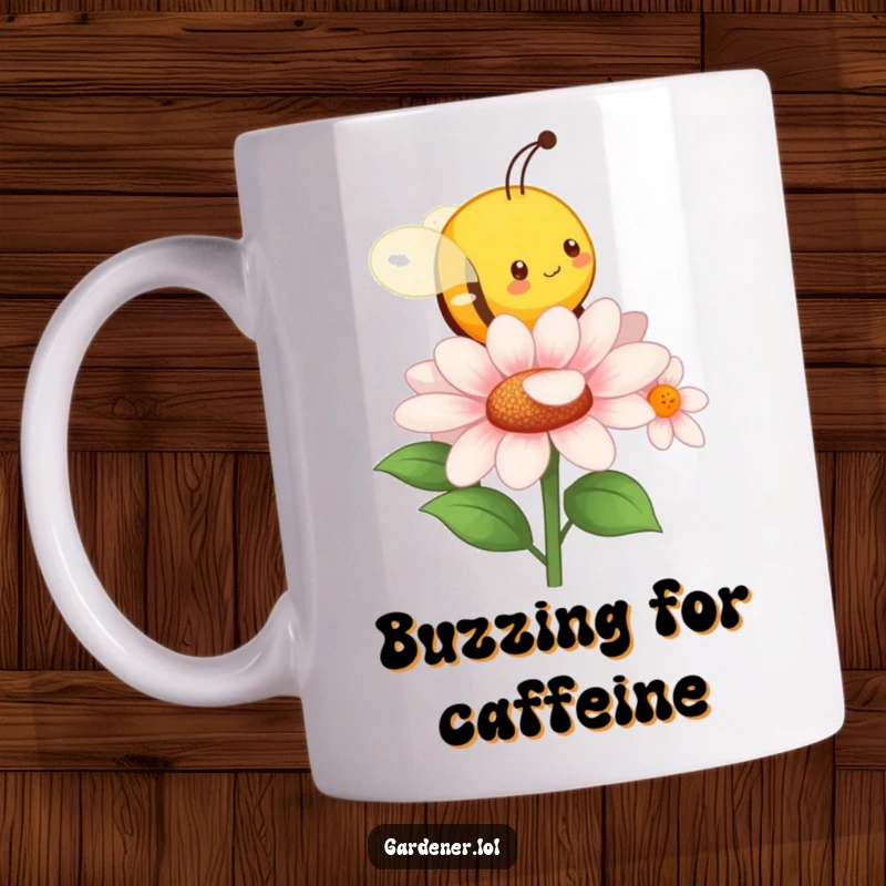 Funny mug where a character imitates a busy bee, buzzing energetically around a colorful flower. A charming and humorous gift.