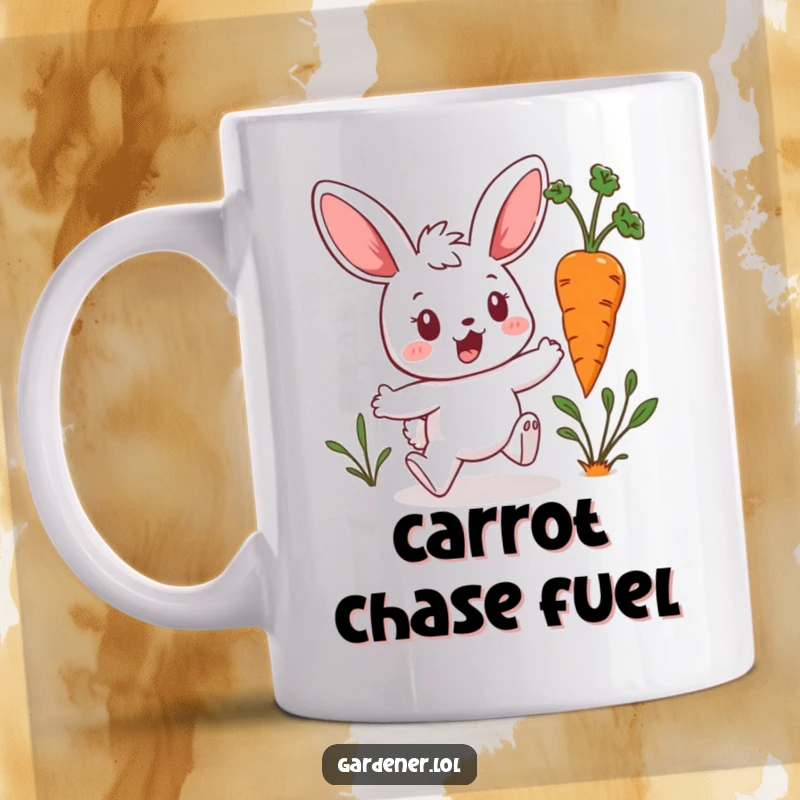 Funny Kawaii Bunny Mug: Surprised bunny gardener hops from a rogue hopping carrot, depicting garden chaos and cuteness, a perfect humorous gift.