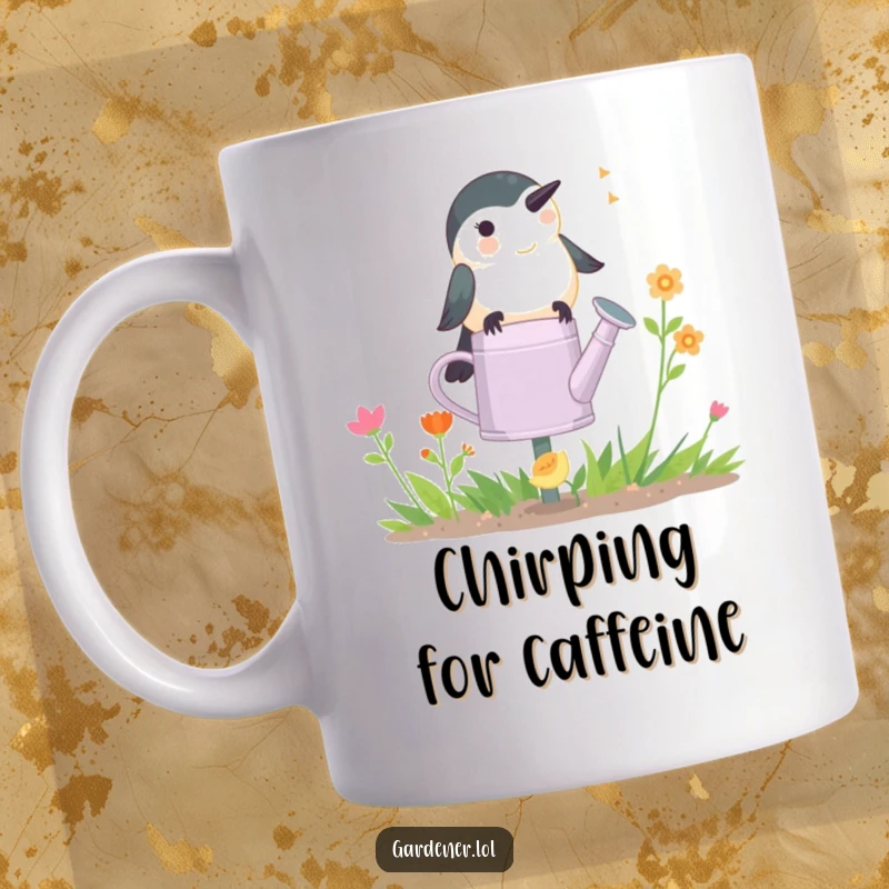 Funny Chickadee Gardener Mug: A happy chickadee perched on a watering can, chirping with delight in a garden setting.