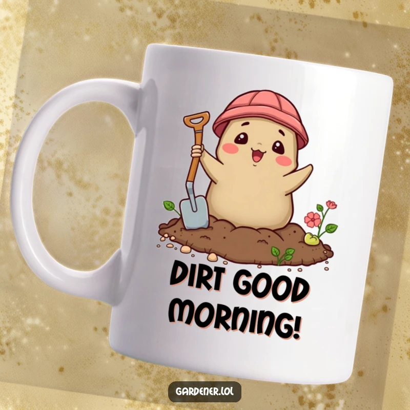 Funny Kawaii mole gardener mug, a delighted character popping out of the soil with a trowel, celebrating gardening.
