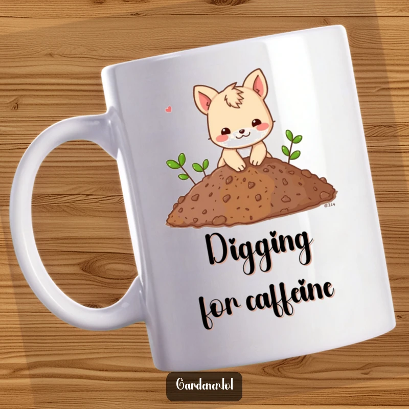 Funny mug featuring an animal character playfully digging in a giant pile of soil, symbolizing industriousness and joyful effort.